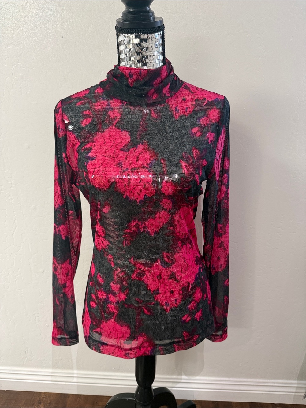White House Black Market Black & Hot Pink Floral Sheer Mock Neck Top